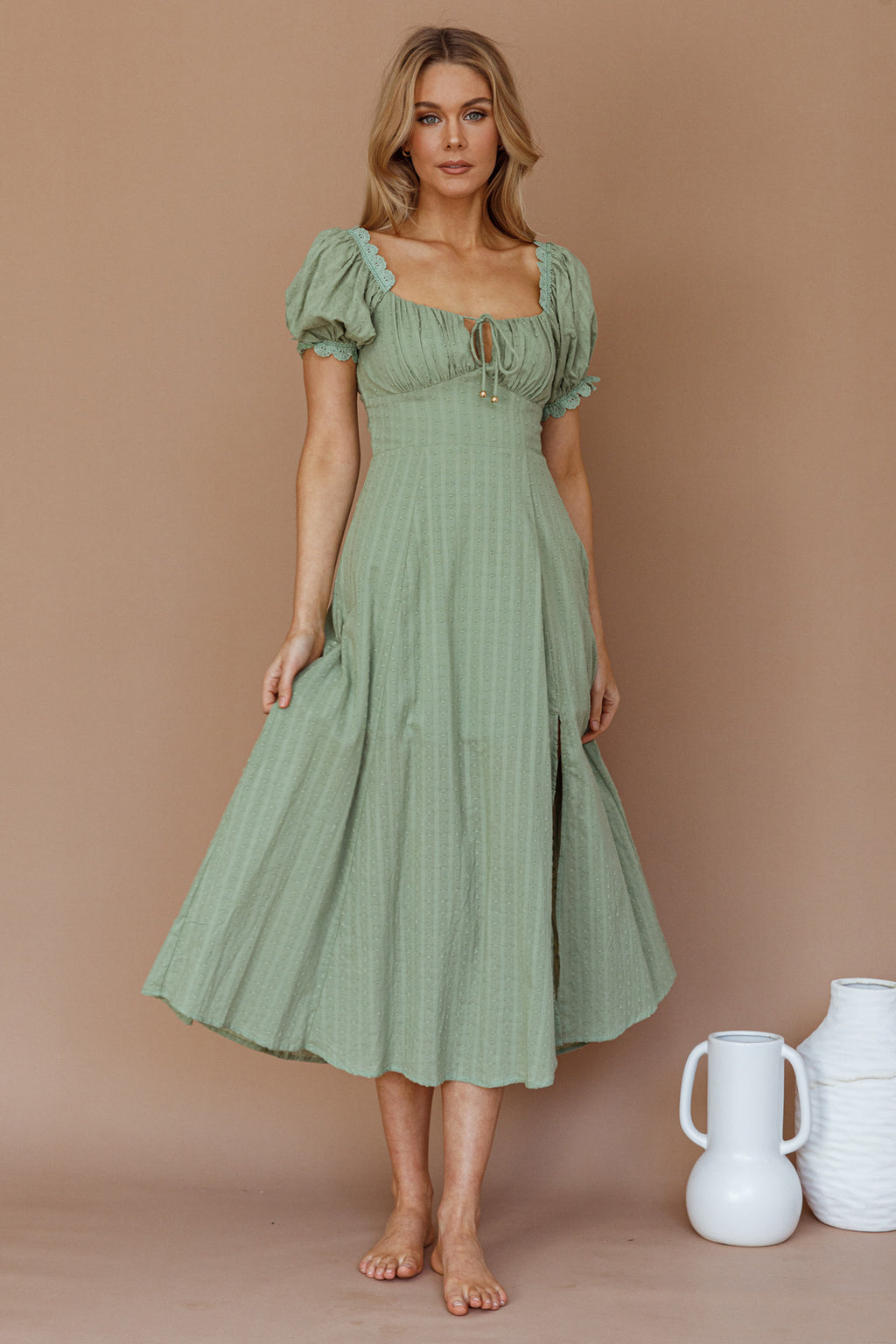 Chablis Gathered Bust Puff Sleeve Midi Dress Sage by Selfie Leslie