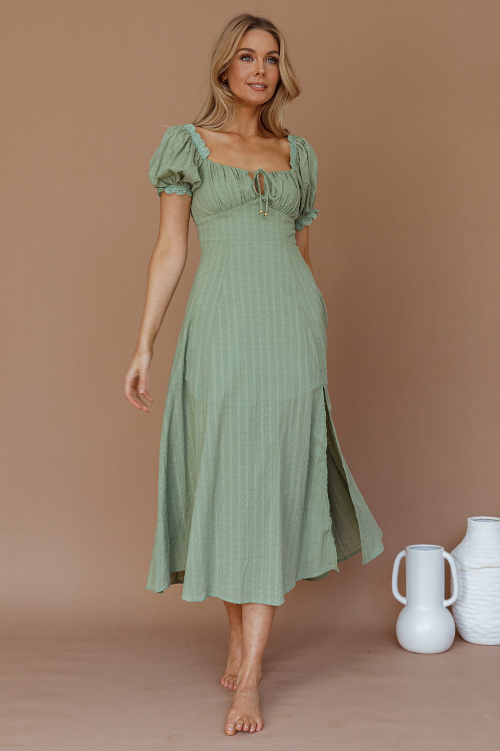 Chablis Gathered Bust Puff Sleeve Midi Dress Sage by Selfie Leslie