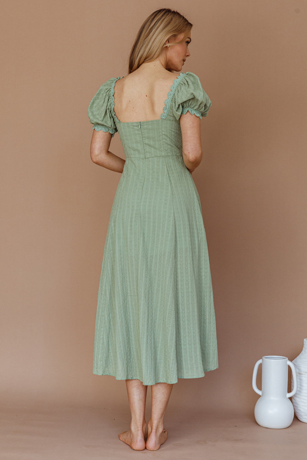 Chablis Gathered Bust Puff Sleeve Midi Dress Sage by Selfie Leslie