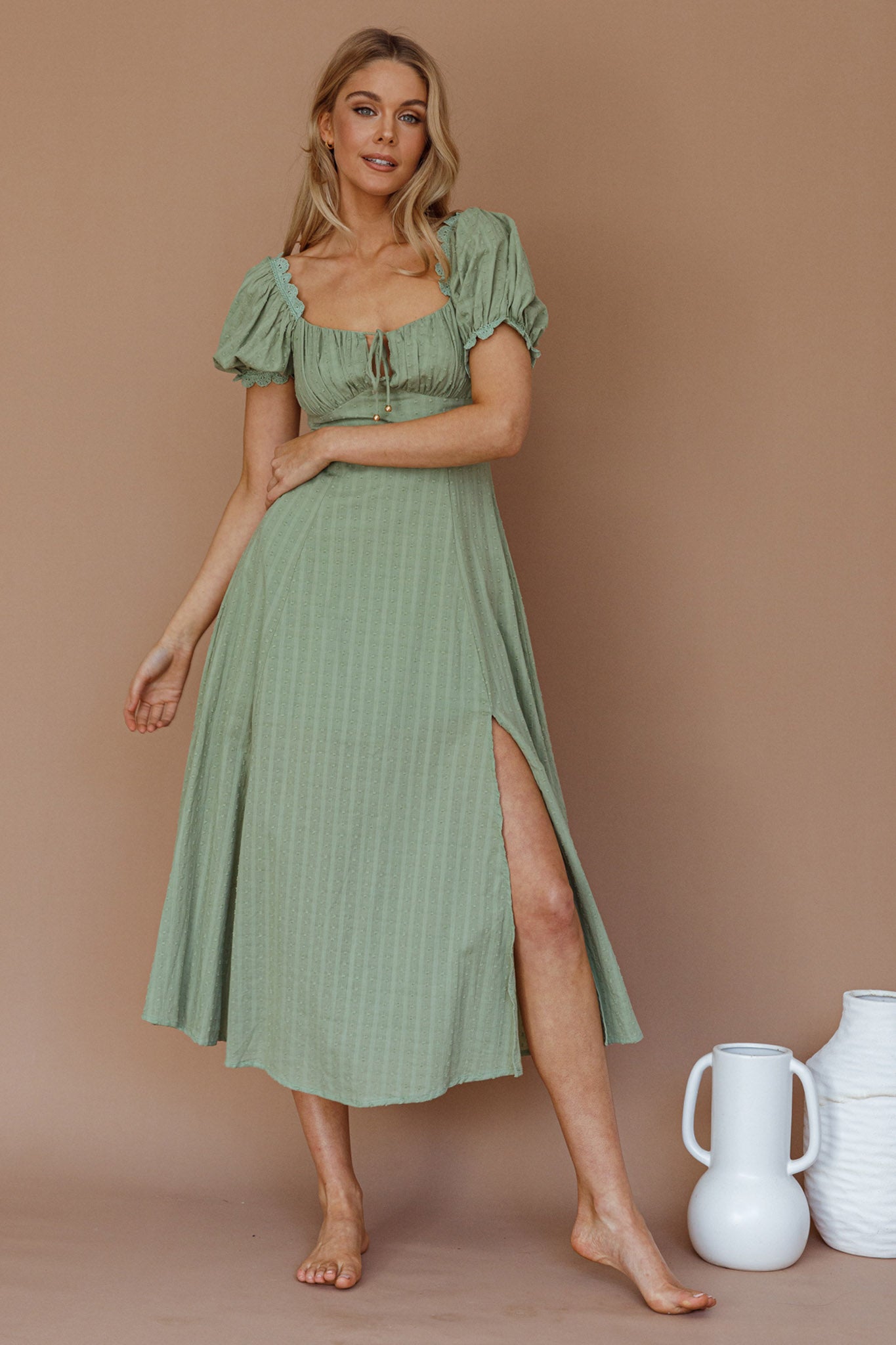 Chablis Gathered Bust Puff Sleeve Midi Dress Sage by Selfie Leslie