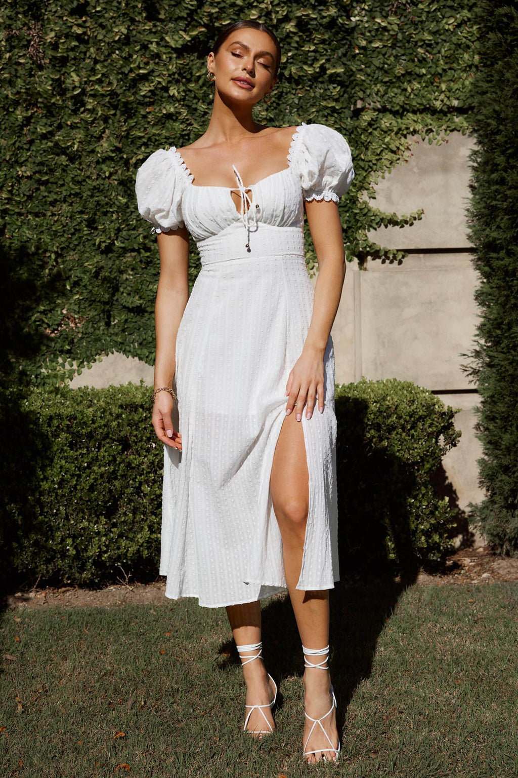 Chablis Gathered Bust Puff Sleeve Midi Dress White by Selfie Leslie