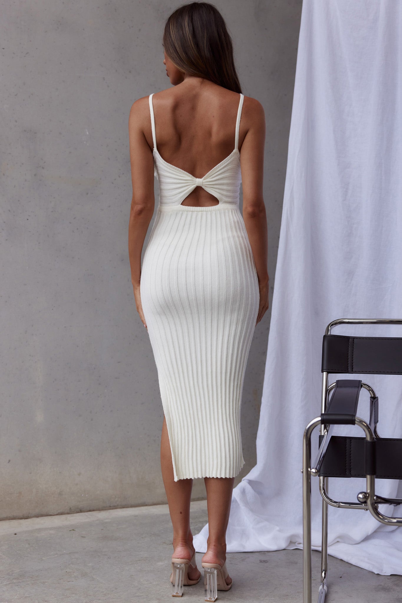 Sweepstakes Ribbed Knit Side Split Midi Dress White by Selfie Leslie
