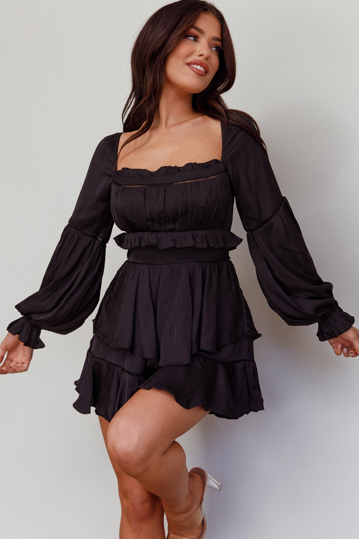 Alabama Long Sleeve Satin Romper Black by Selfie Leslie