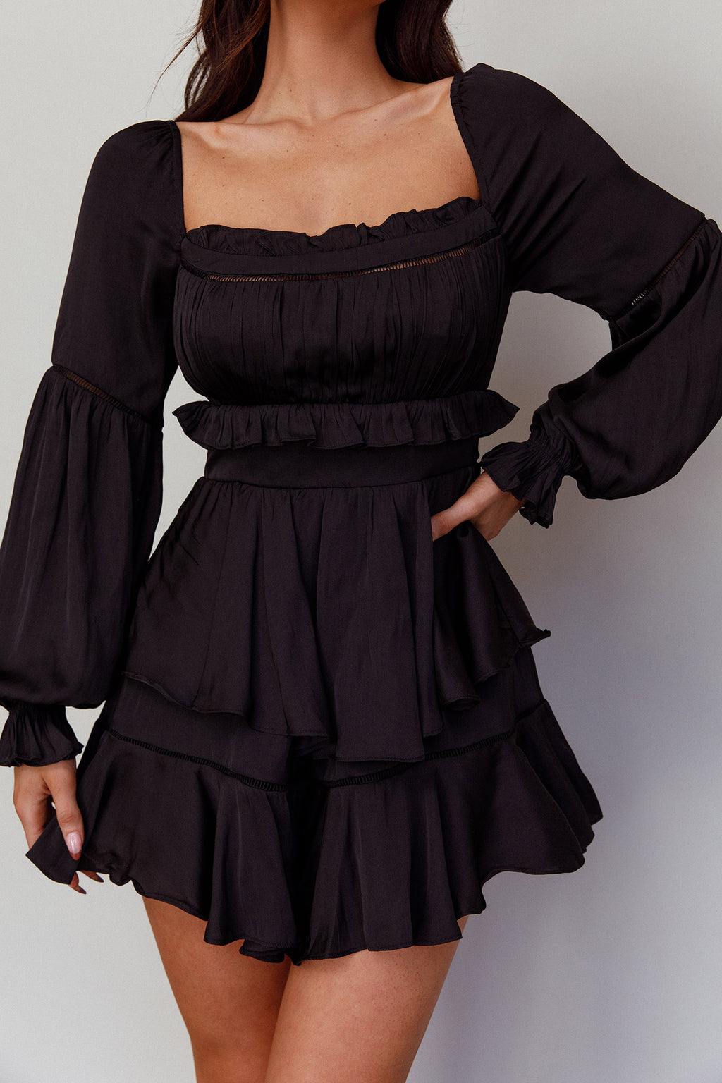Alabama Long Sleeve Satin Romper Black by Selfie Leslie
