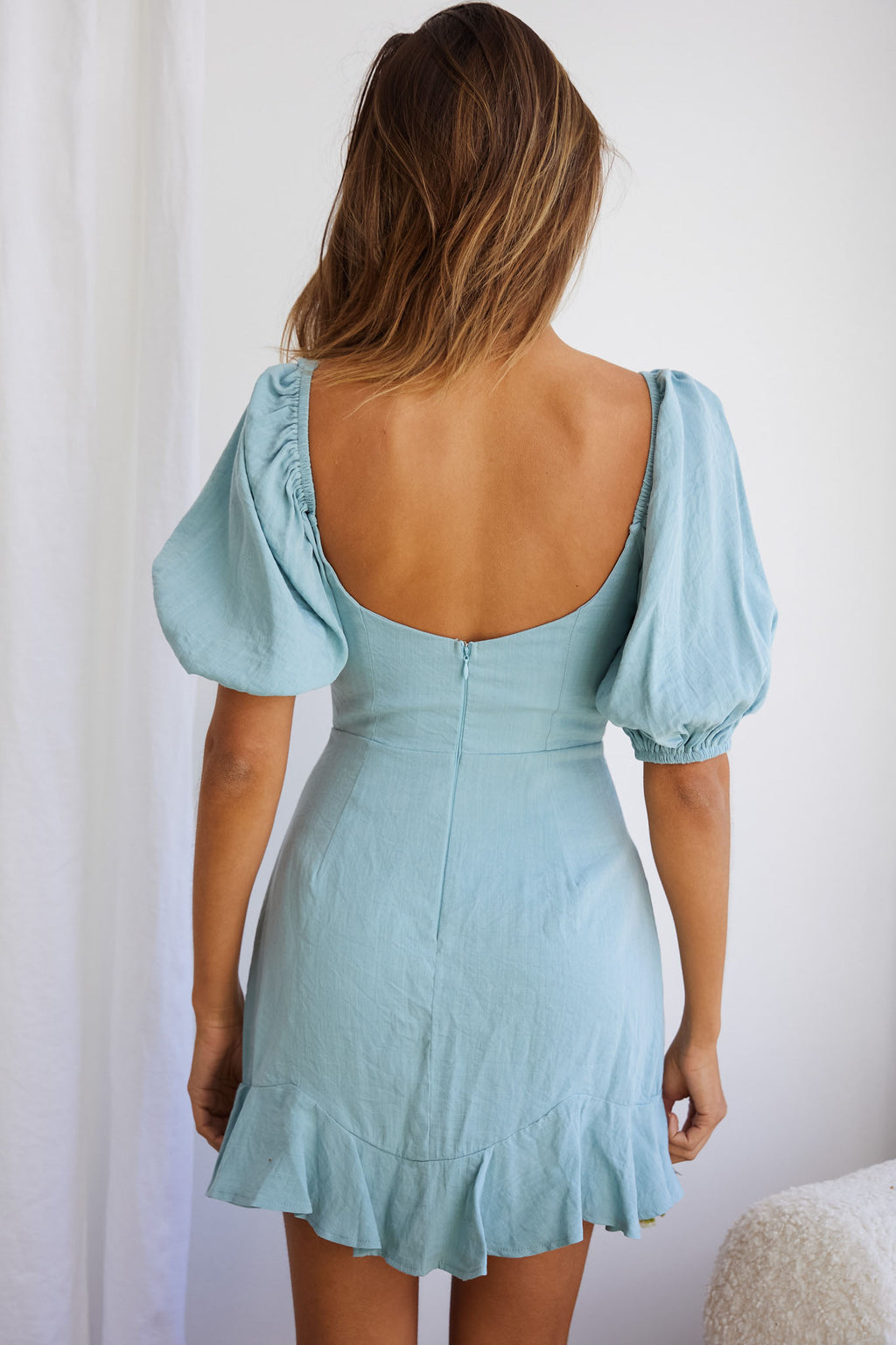 Alma Drawstring Circle Bust Puff Sleeve Mini Dress Sage by Selfie Leslie