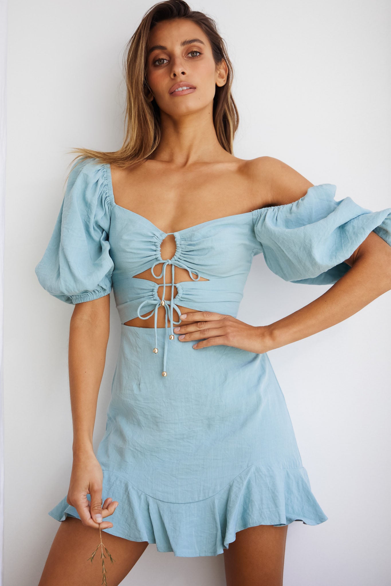 Alma Drawstring Circle Bust Puff Sleeve Mini Dress Sage by Selfie Leslie