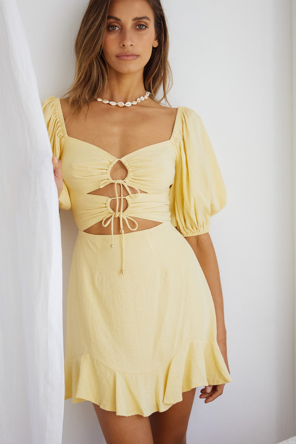 Alma Drawstring Circle Bust Puff Sleeve Mini Dress Yellow by Selfie Leslie