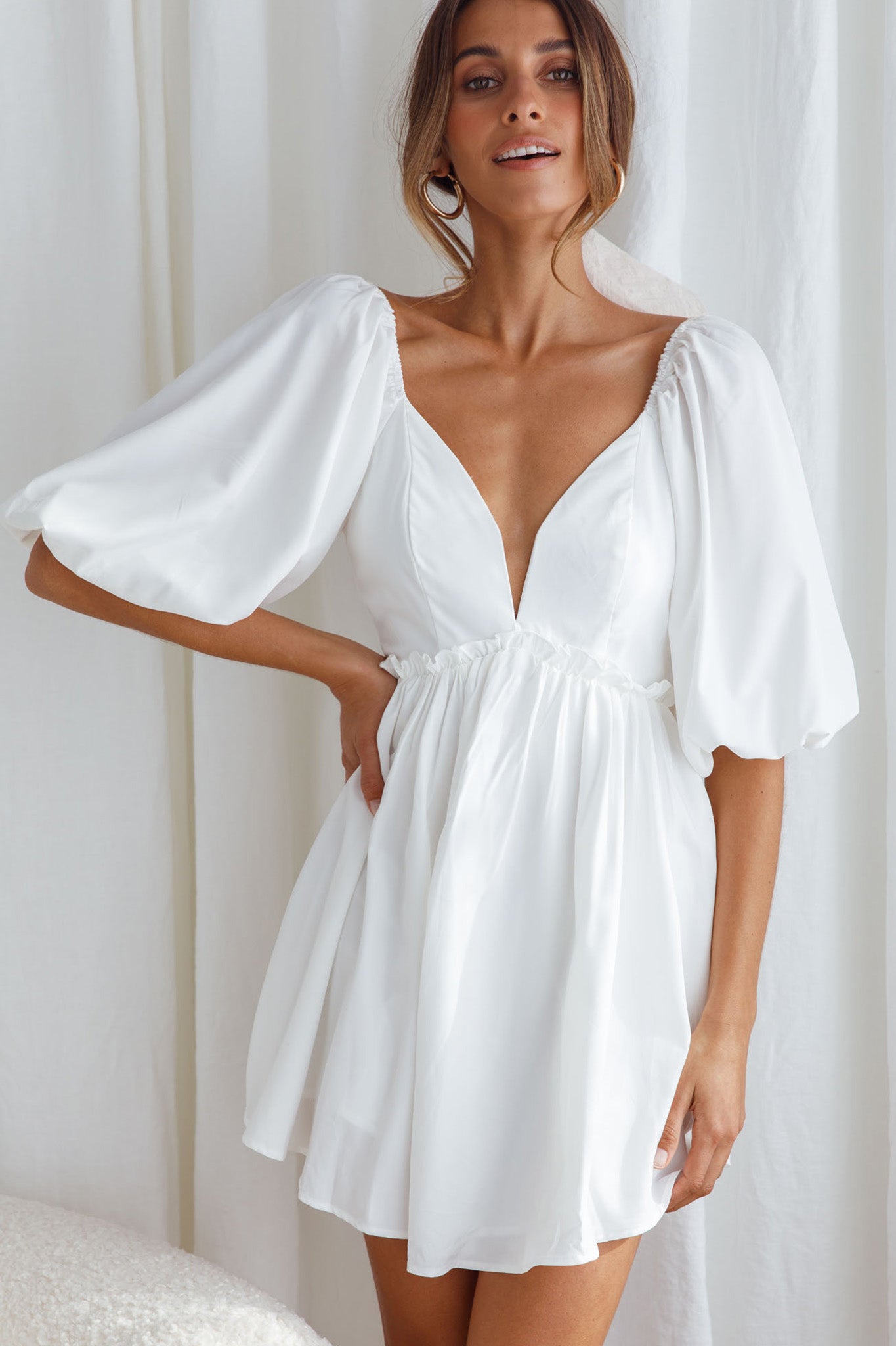 Shop the Always Dreaming Puff Sleeve Structured V-Neckline Mini