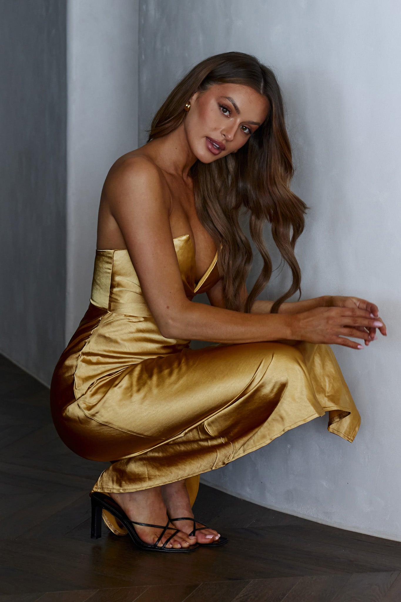 Ma Jolie Strapless Midi Dress Gold by Selfie Leslie