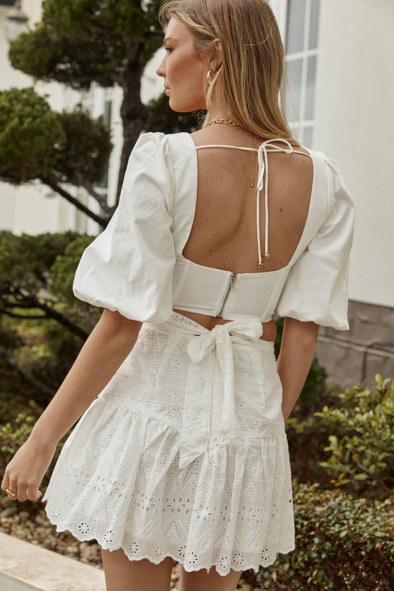 Glow Up Eyelet Embroidery Waist Tie Mini Skirt White by Selfie Leslie