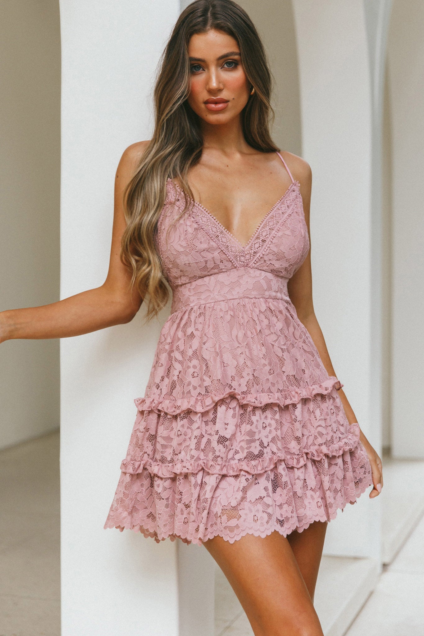 Sunshine Morning Crochet Lace Frill Trim Tied Back Lace Mini Dress