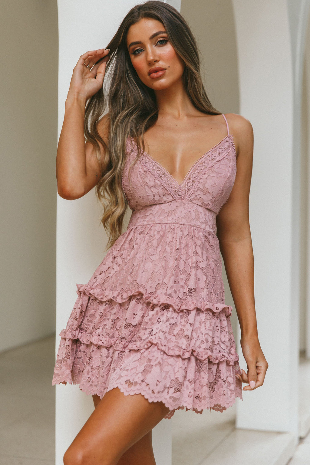 Sunshine Morning Crochet Lace Frill Trim Tied Back Lace Mini Dress Rose by Selfie Leslie