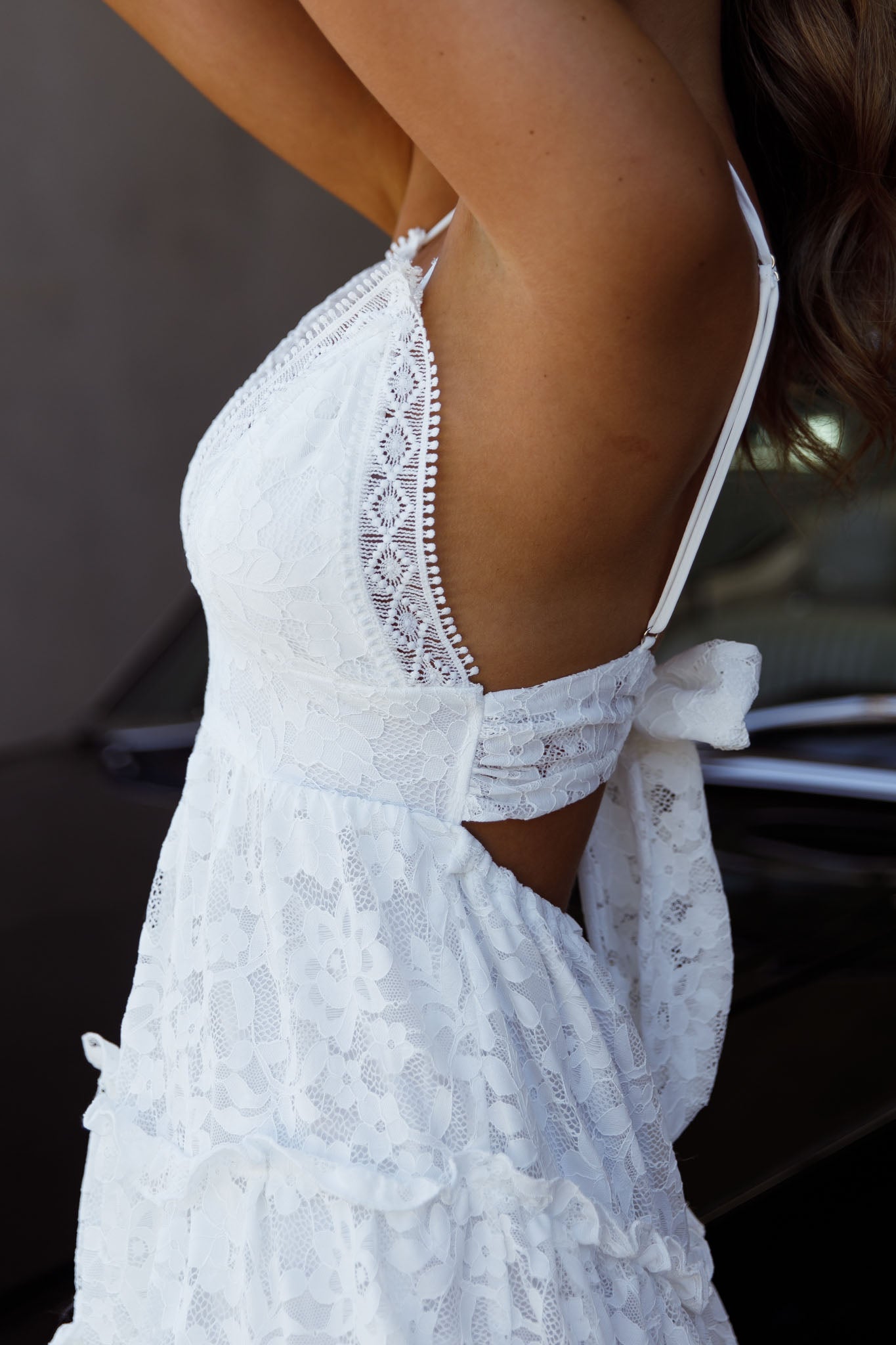 Sunshine Morning Crochet Lace Frill Trim Tied Back Lace Mini Dress White - L Sunshine Morning Crochet Lace Frill Trim Tied Back Lace Mini Dress White - L