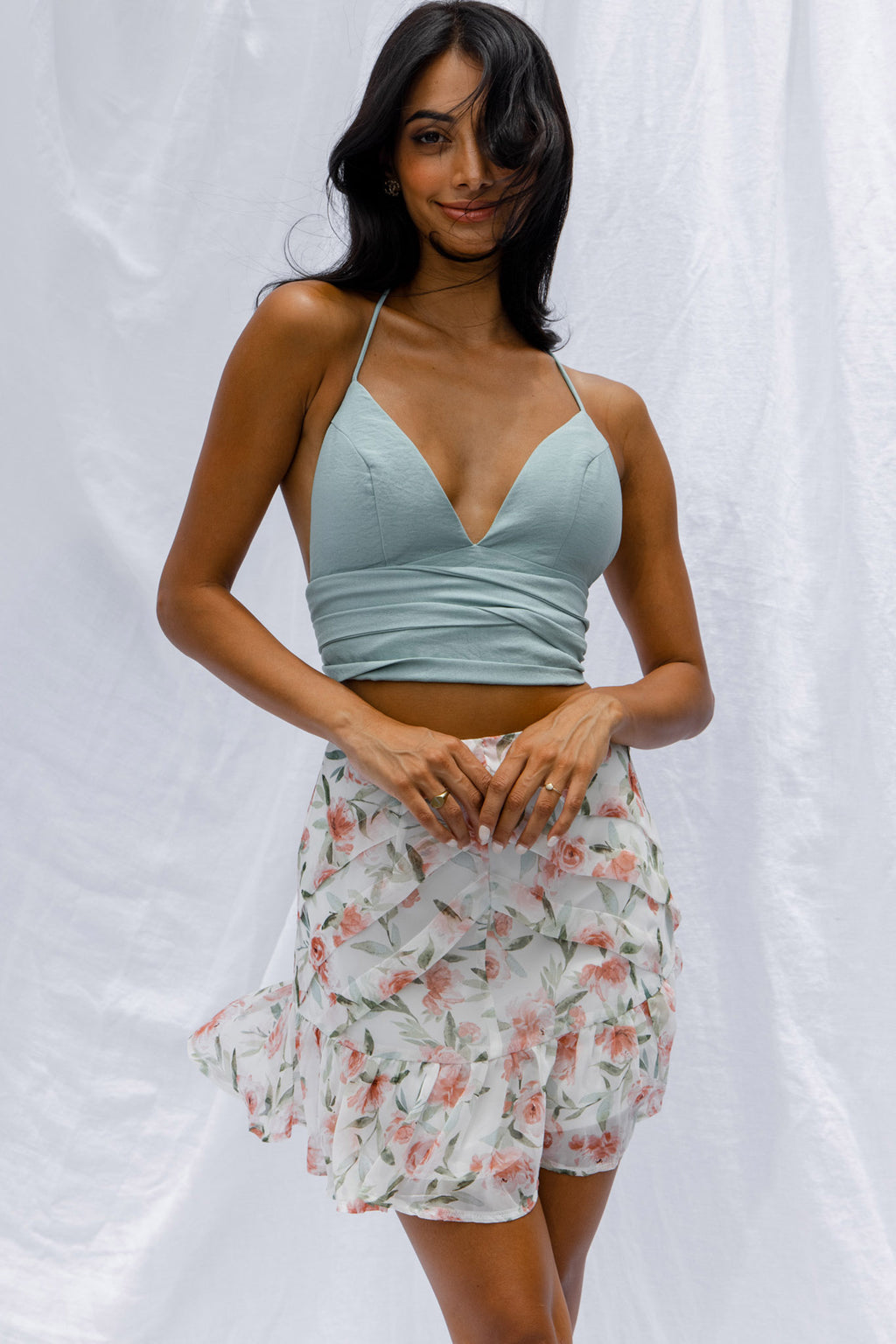 Versa Pintuck Pleat Ruffle Hem Skirt Floral Print White by Selfie Leslie