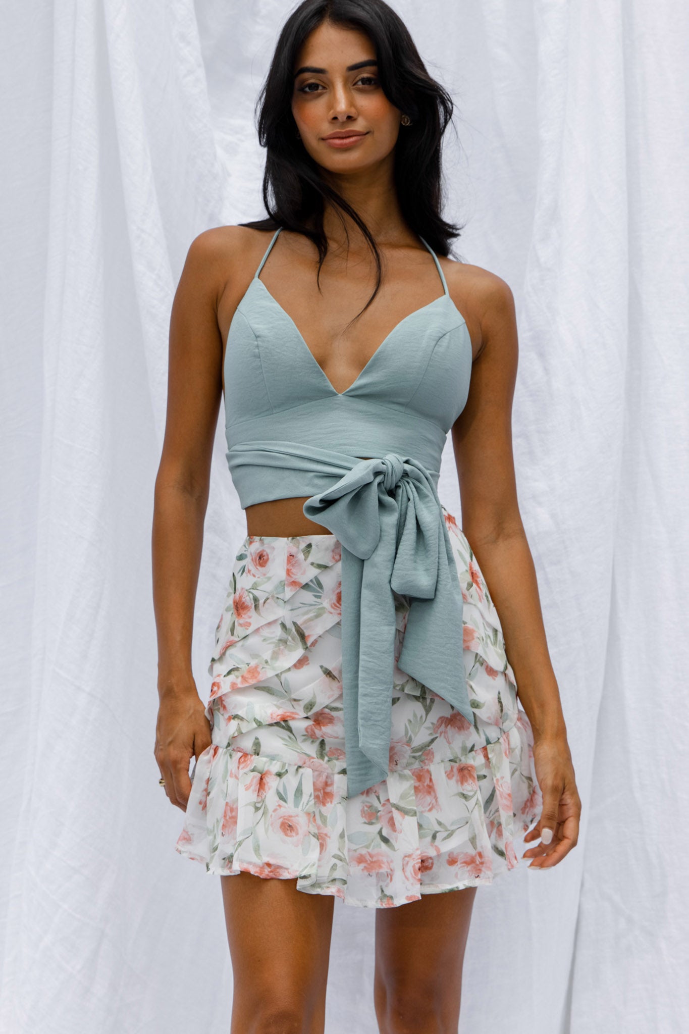 Versa Pintuck Pleat Ruffle Hem Skirt Floral Print White by Selfie Leslie