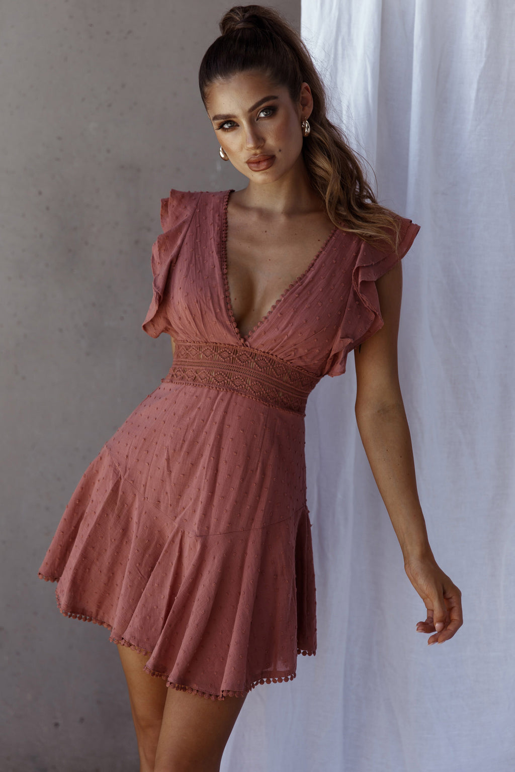Idyllwild Ruffle Shoulder Mini Dress Rose by Selfie Leslie