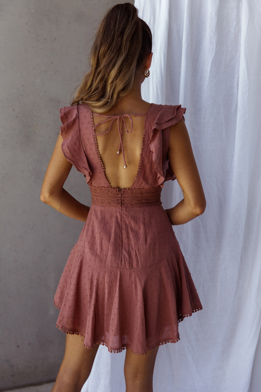 Idyllwild Ruffle Shoulder Mini Dress Rose by Selfie Leslie