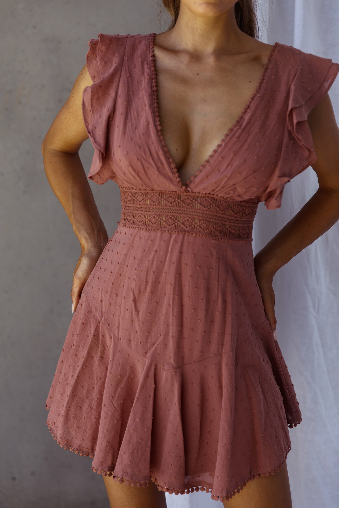 Idyllwild Ruffle Shoulder Mini Dress Rose by Selfie Leslie