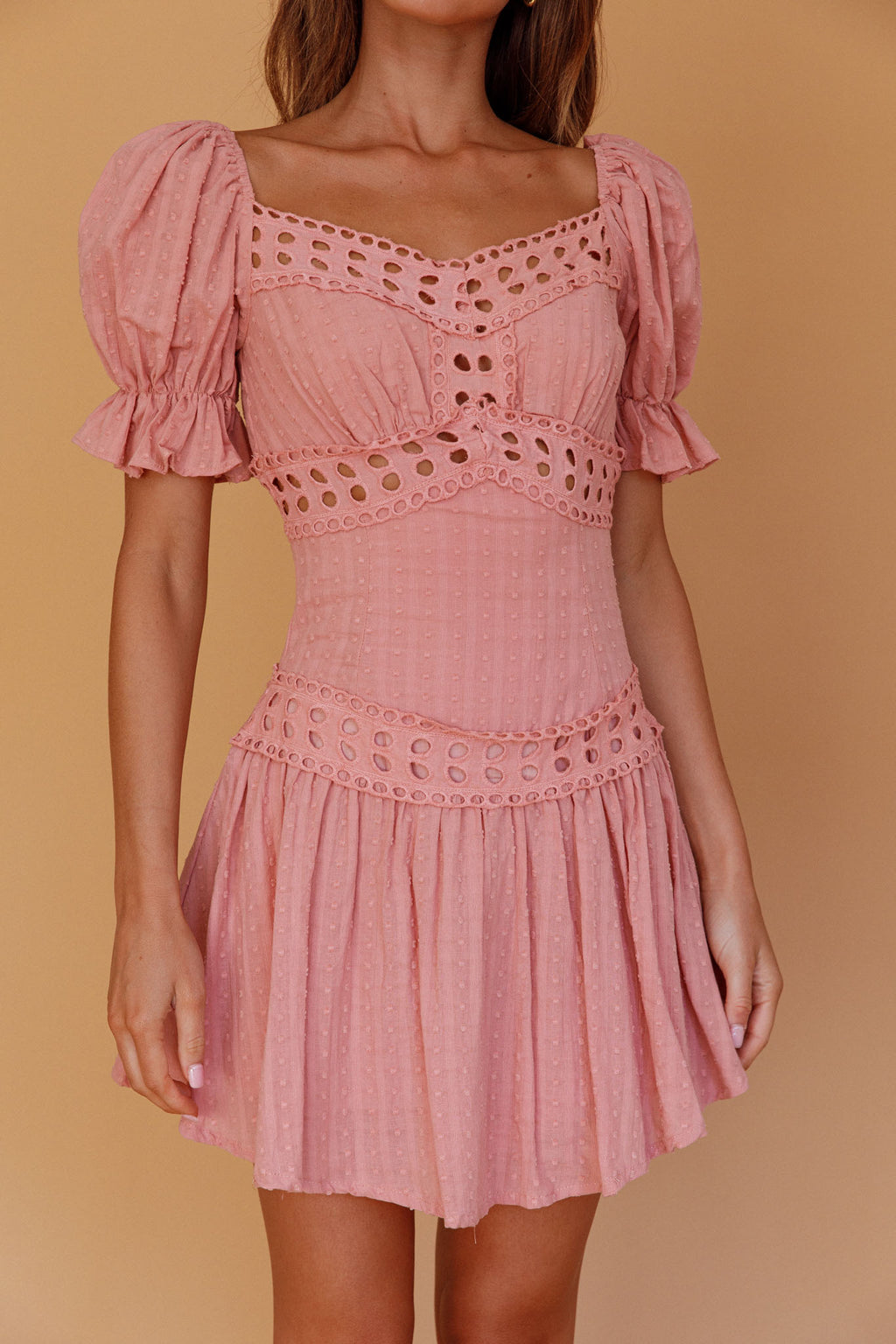 Elowen Lace Trim Puff Sleeve Mini Dress Blush by Selfie Leslie