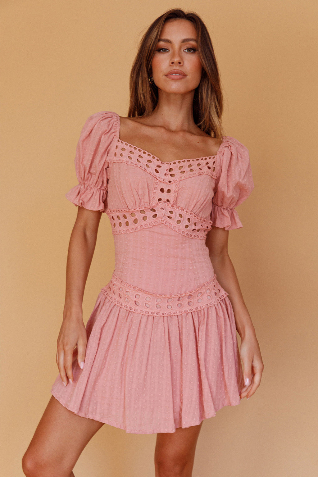 Elowen Lace Trim Puff Sleeve Mini Dress Blush by Selfie Leslie