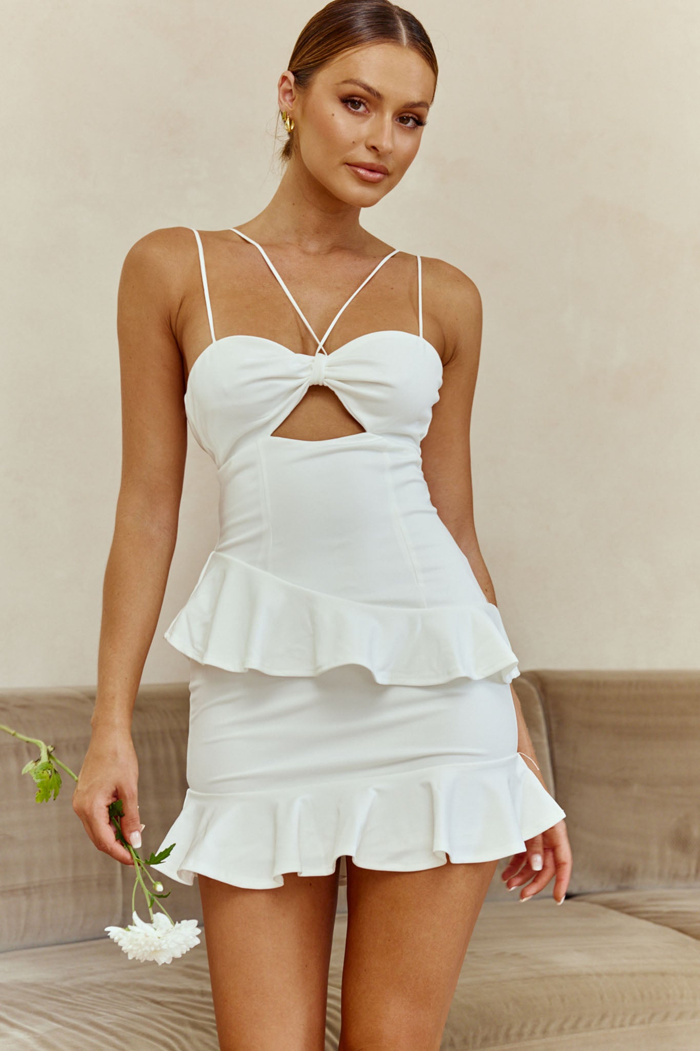 white mini dress xs Moment Of Truth String-Tie Ruffle Trim Mini Dress White
