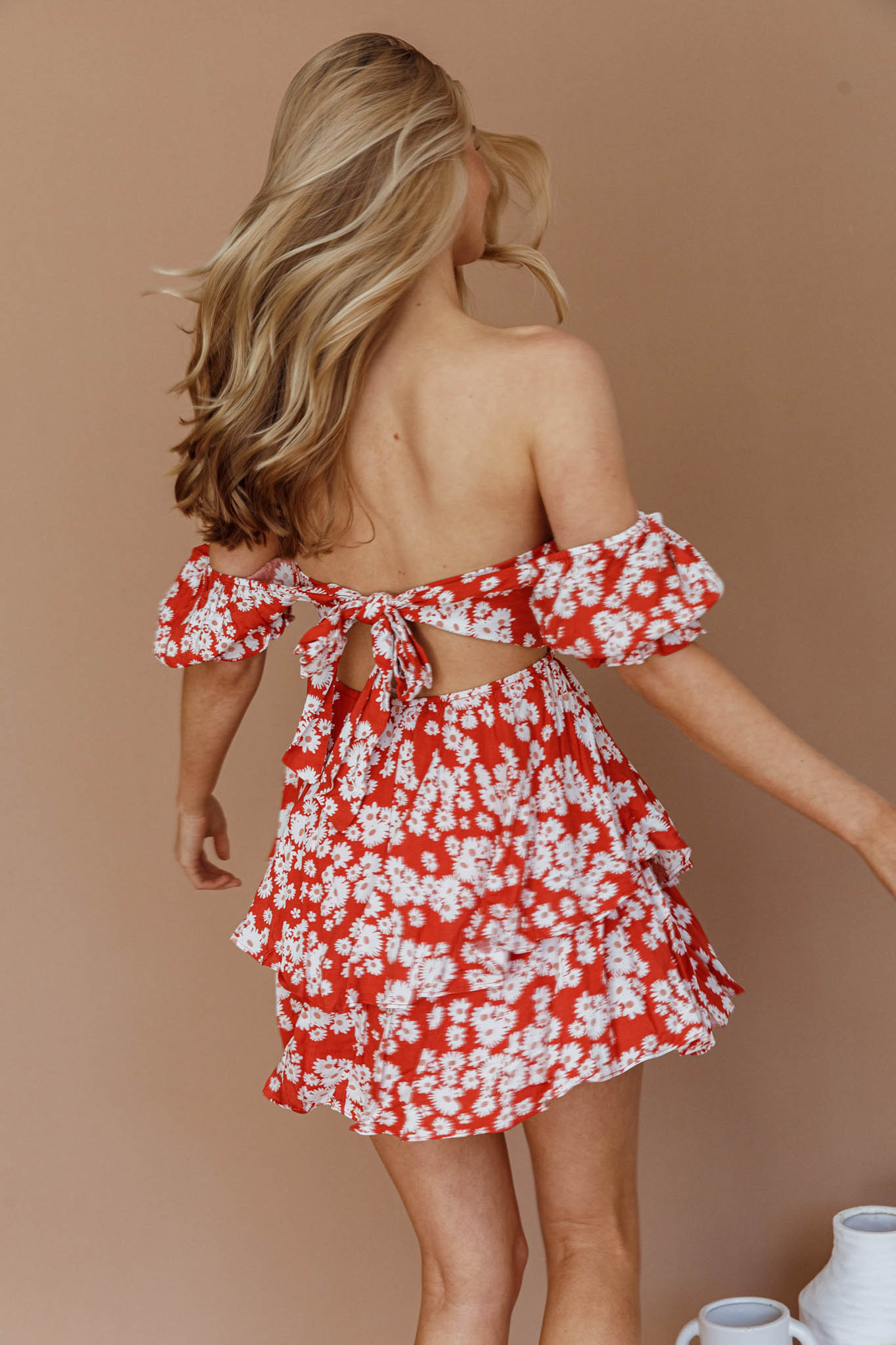 Buongiorno Bella Shirred Lace Up Mini Dress Floral Red by Selfie Leslie