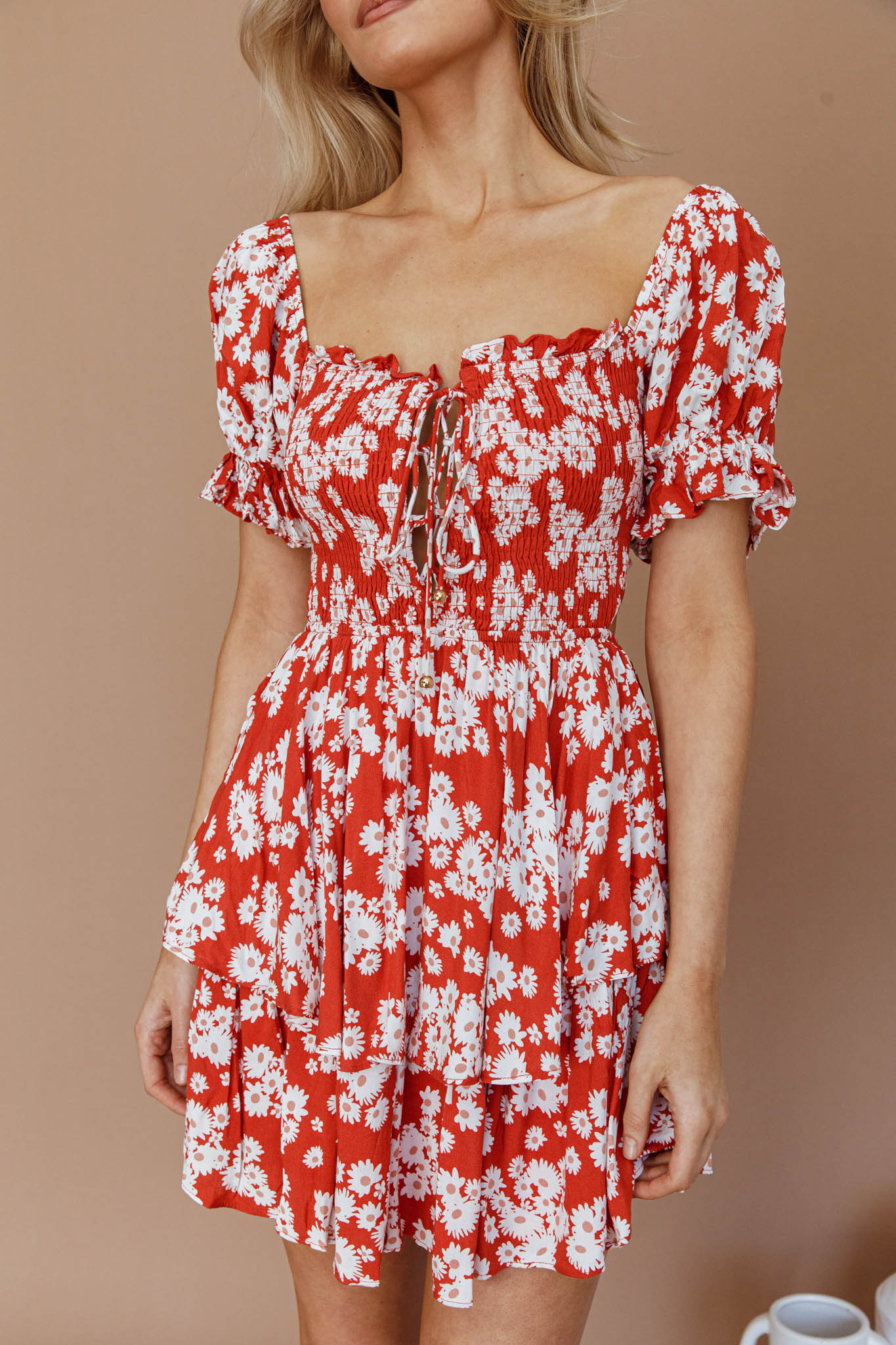 Buongiorno Bella Shirred Lace Up Mini Dress Floral Red by Selfie Leslie