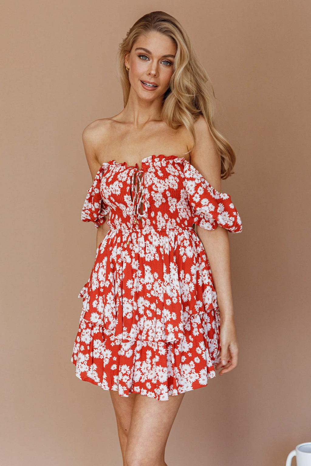 Buongiorno Bella Shirred Lace Up Mini Dress Floral Red by Selfie Leslie