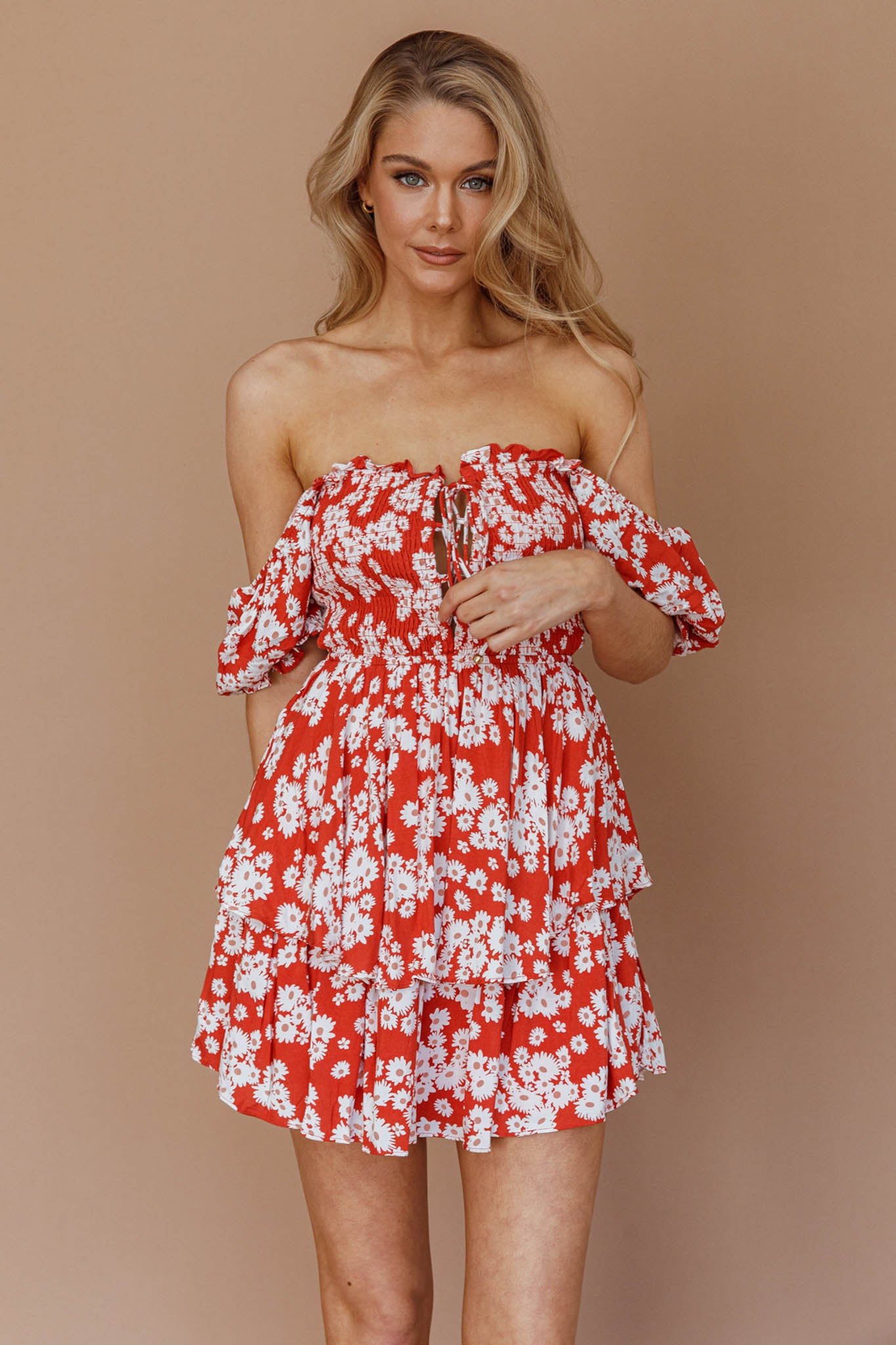 Buongiorno Bella Shirred Lace Up Mini Dress Floral Red by Selfie Leslie
