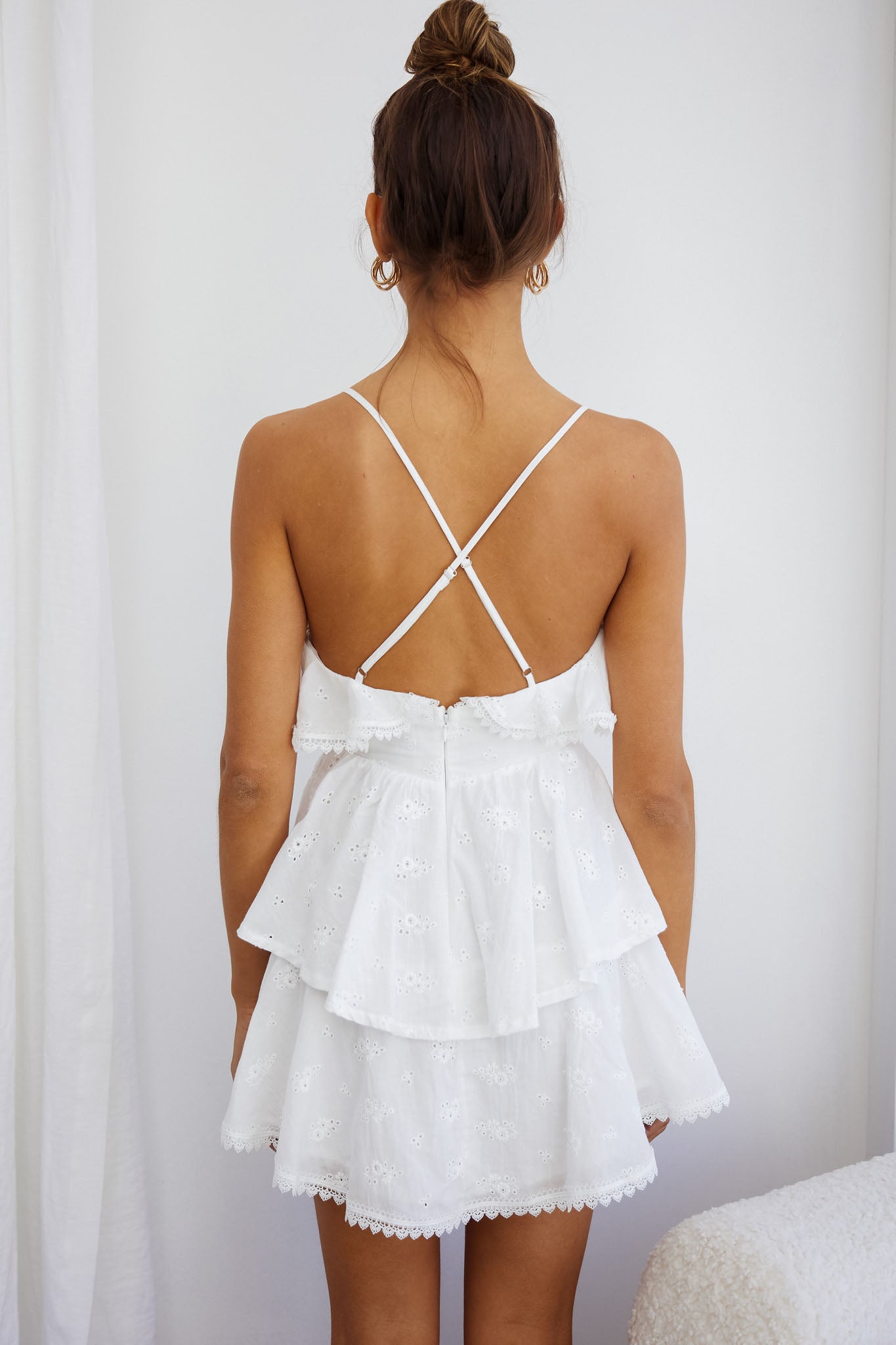 Tameka Ruffle Trim Layered Hem Eyelet Dress White by Selfie Leslie