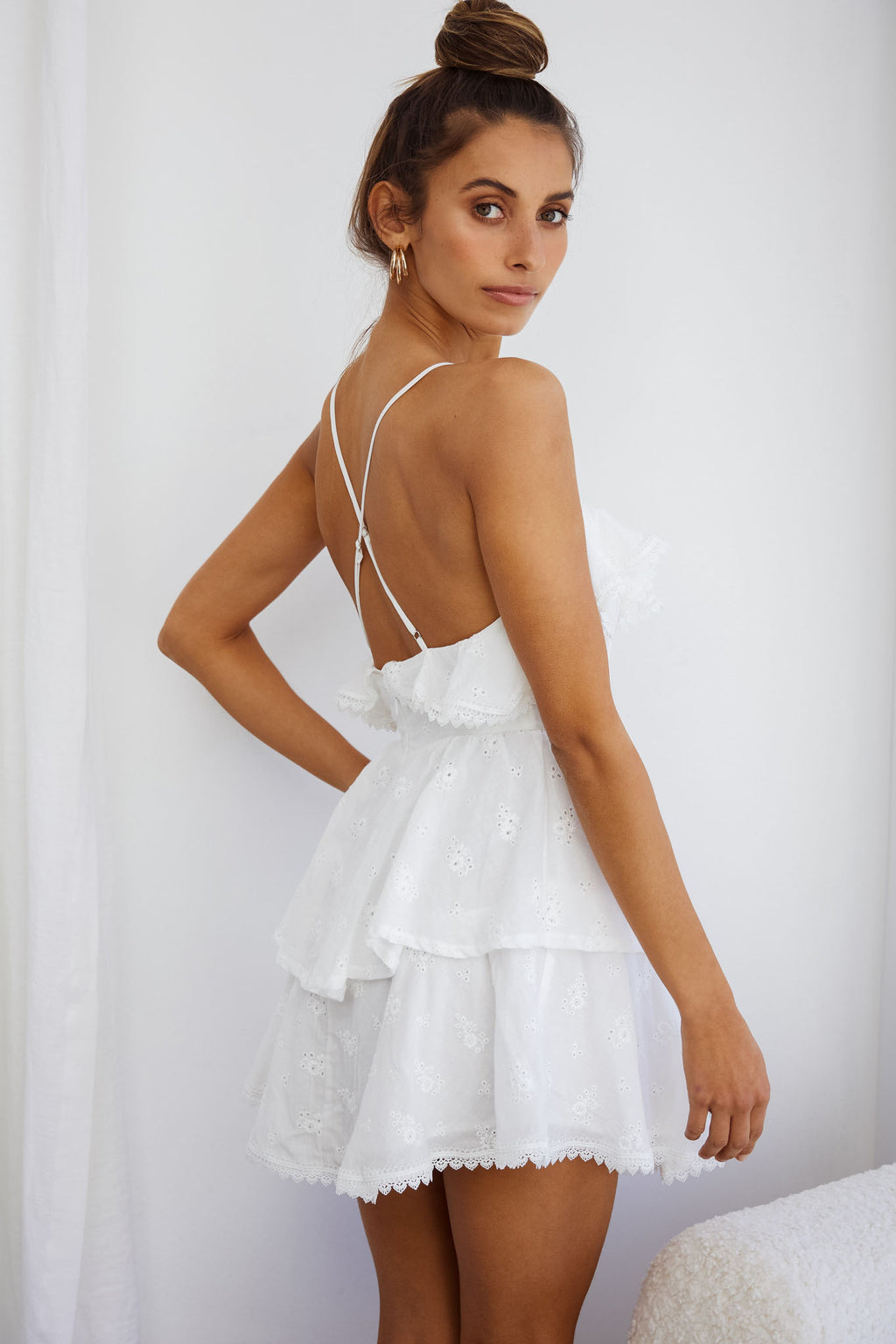 Tameka Ruffle Trim Layered Hem Eyelet Dress White by Selfie Leslie