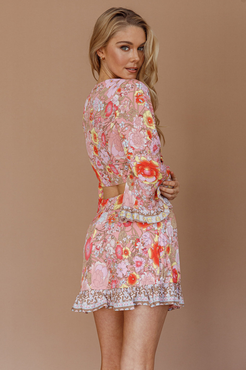 Island Girl Long Sleeve Tied Crop Top Floral Pink by Selfie Leslie