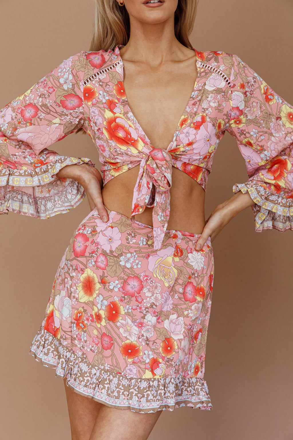 Island Girl Long Sleeve Tied Crop Top Floral Pink by Selfie Leslie