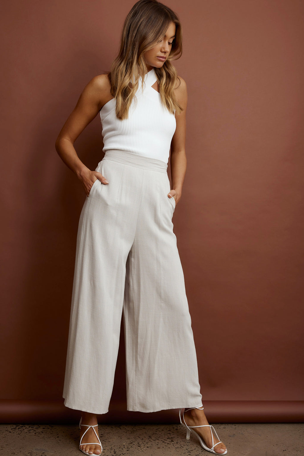 La Romana High Waisted Wide Leg Pants Sand by Selfie Leslie