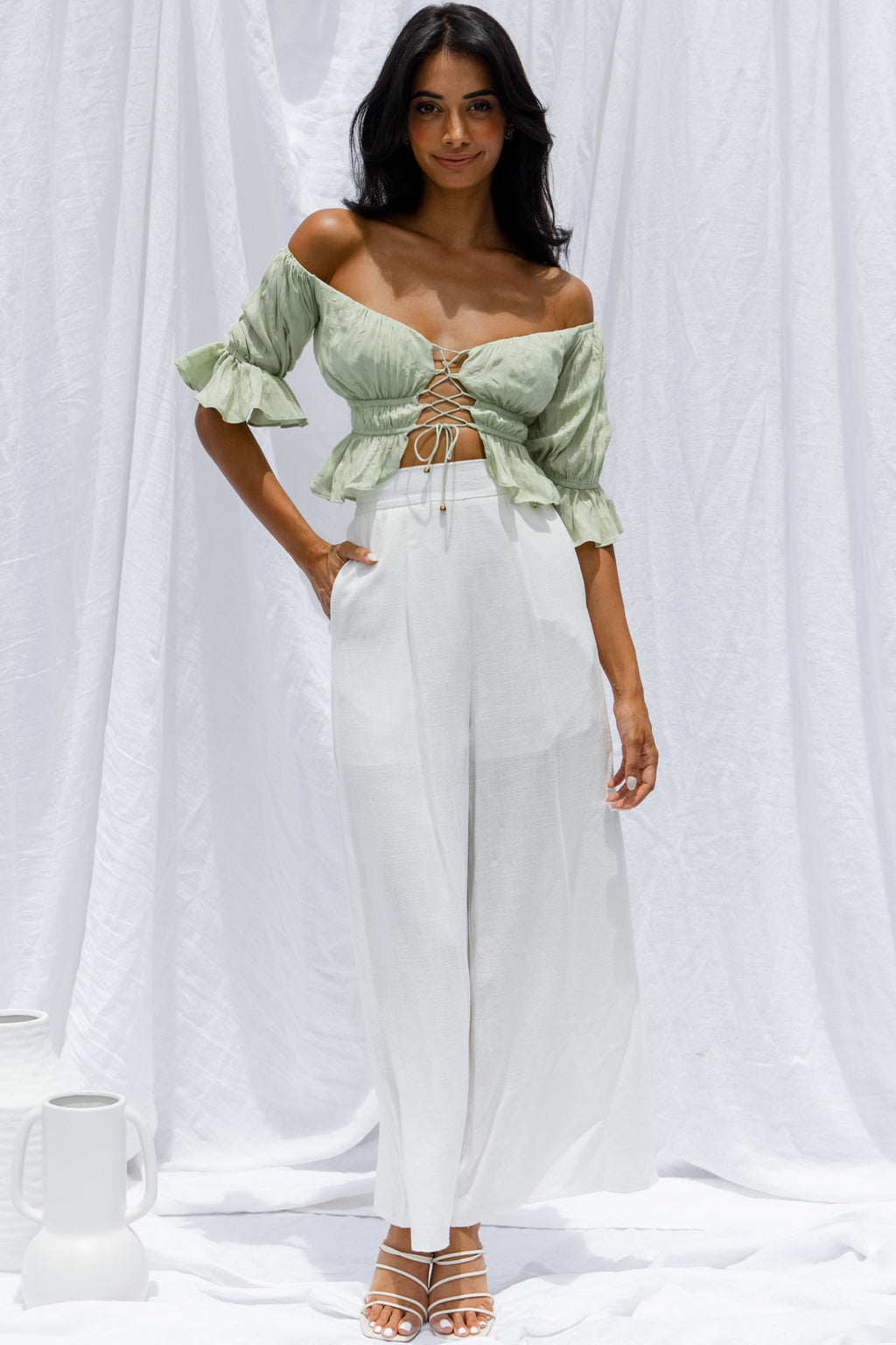 La Romana High Waisted Wide Leg Pants White by Selfie Leslie