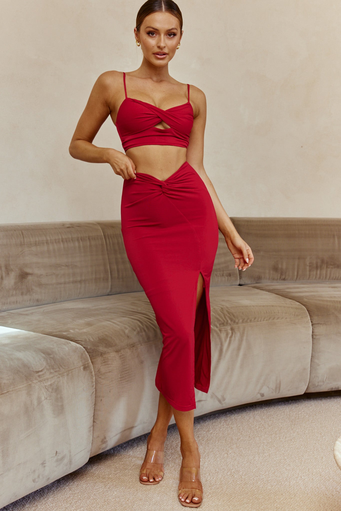 One Night Only Twist Bust Cami Strap Crop Top Wine by Selfie Leslie