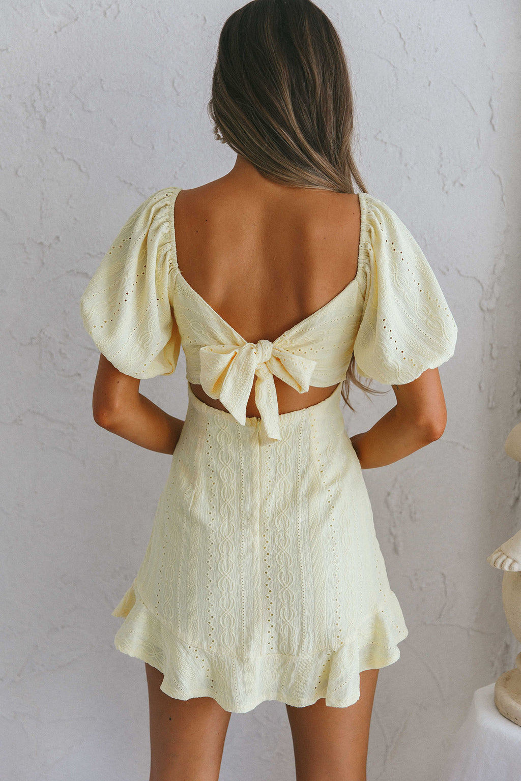 Mikayla Puff Sleeve Tied Back Eyelet Embroidery Dress Yellow by Selfie Leslie