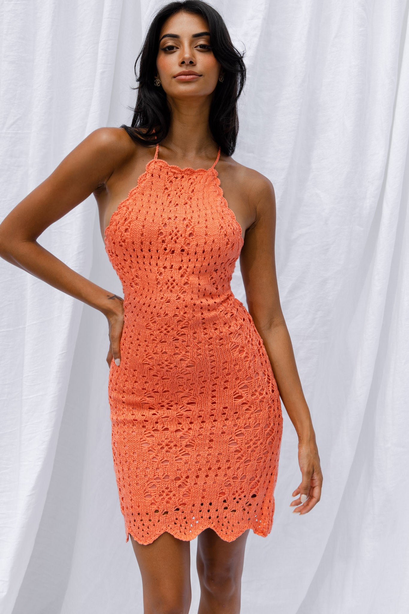 Boracay Halterneck Tie-Up Back Crochet Mini Dress Tangerine by Selfie Leslie