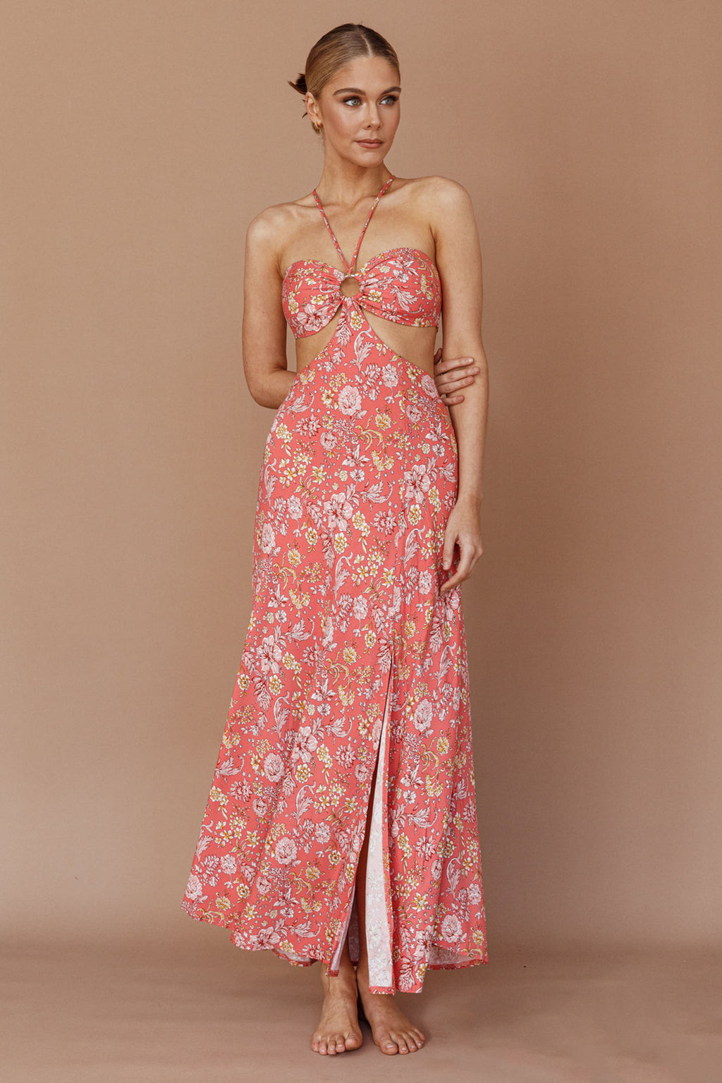 Amorcito Cut-Out Waist Midi Dress Floral Red by Selfie Leslie