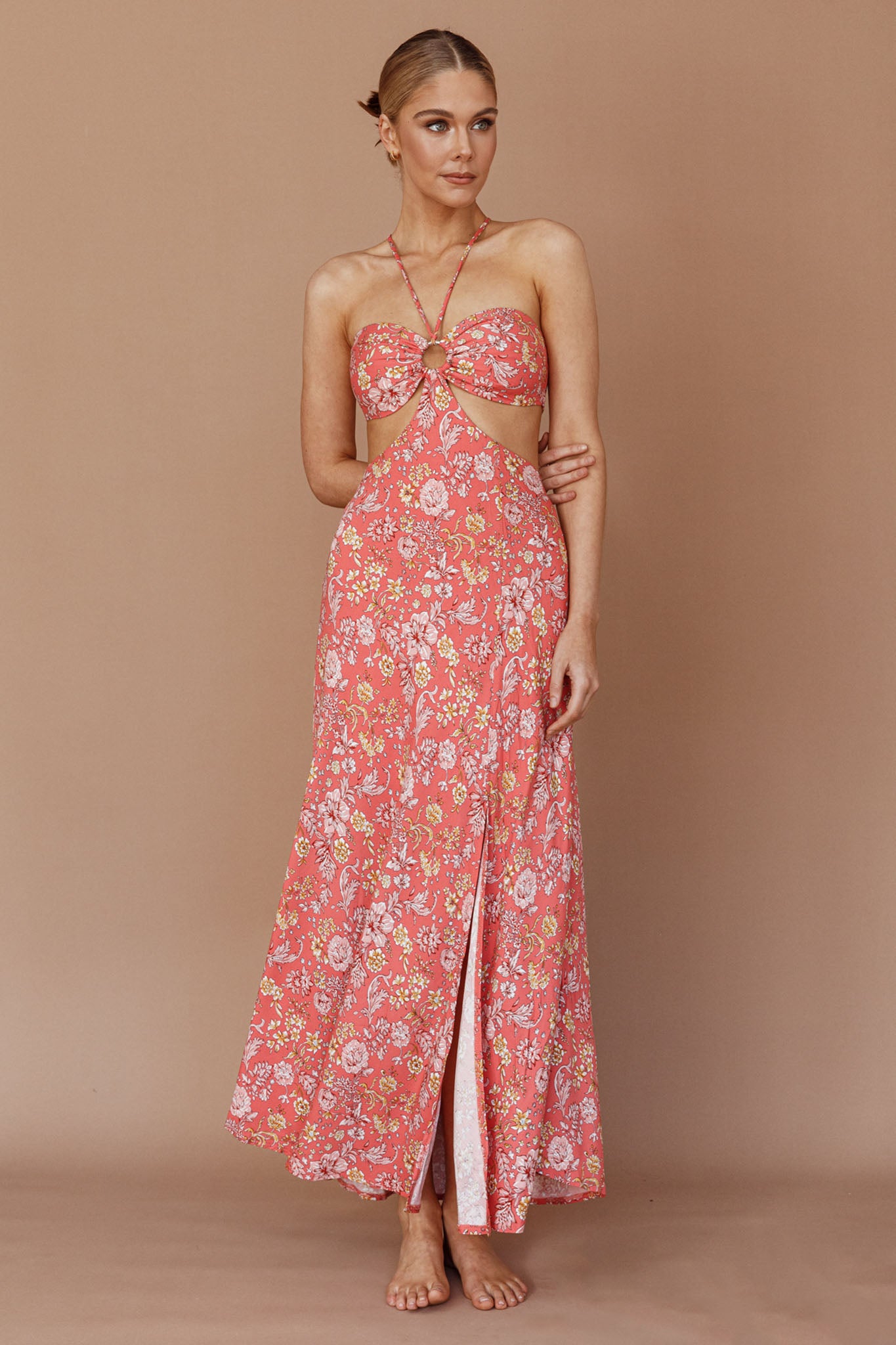 Amorcito Cut-Out Waist Midi Dress Floral Red by Selfie Leslie
