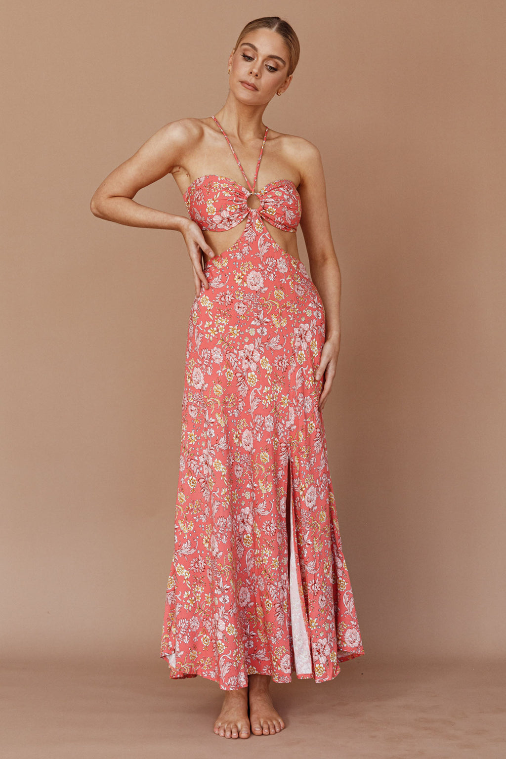 Amorcito Cut-Out Waist Midi Dress Floral Red by Selfie Leslie