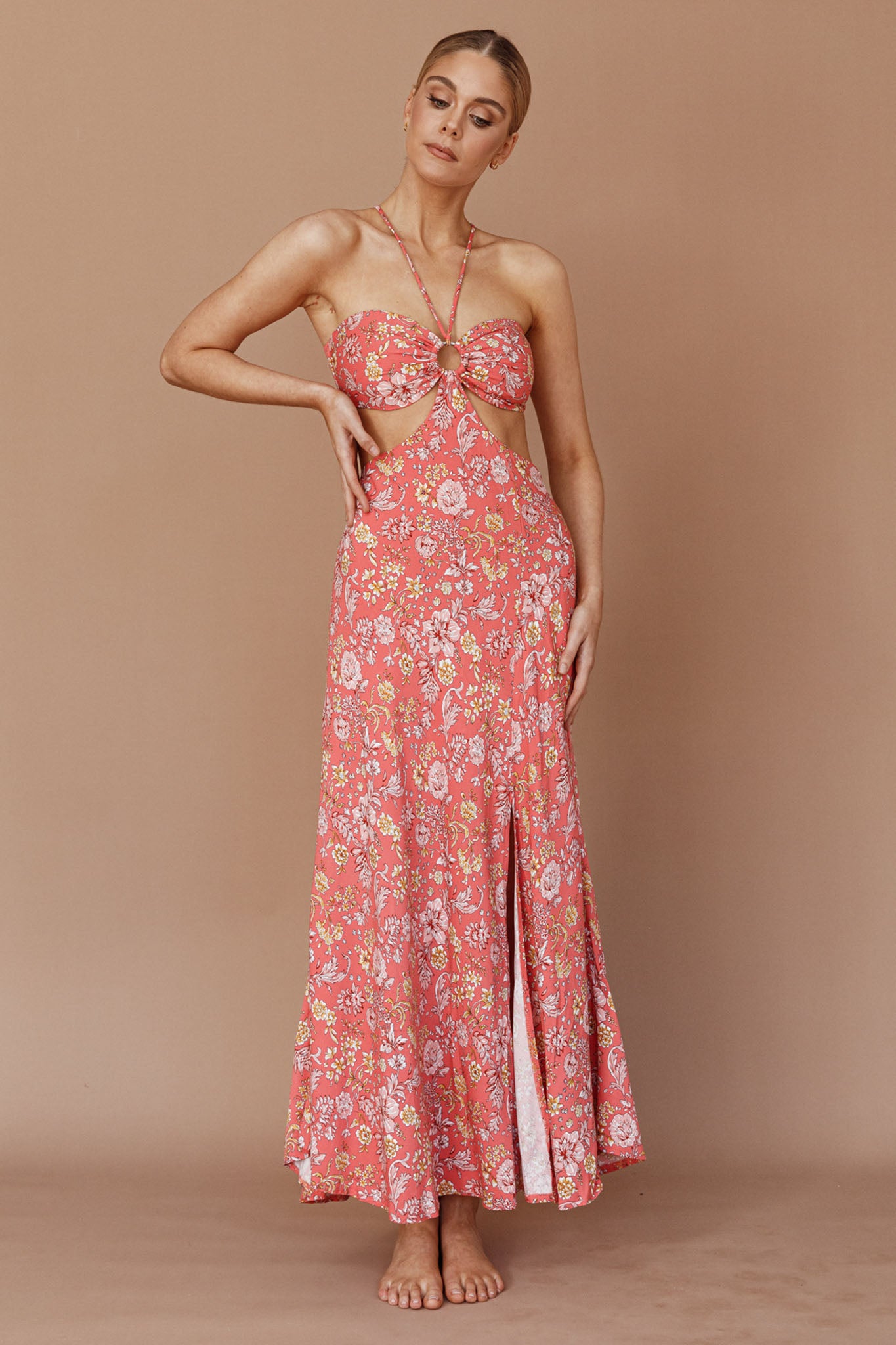 Amorcito Cut-Out Waist Midi Dress Floral Red by Selfie Leslie