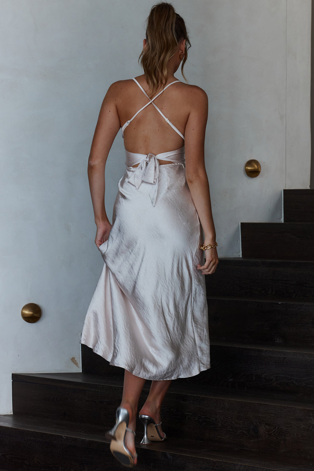 Lakoda Gathered Bust Bow Tie Back Midi Dress Champagne by Selfie Leslie