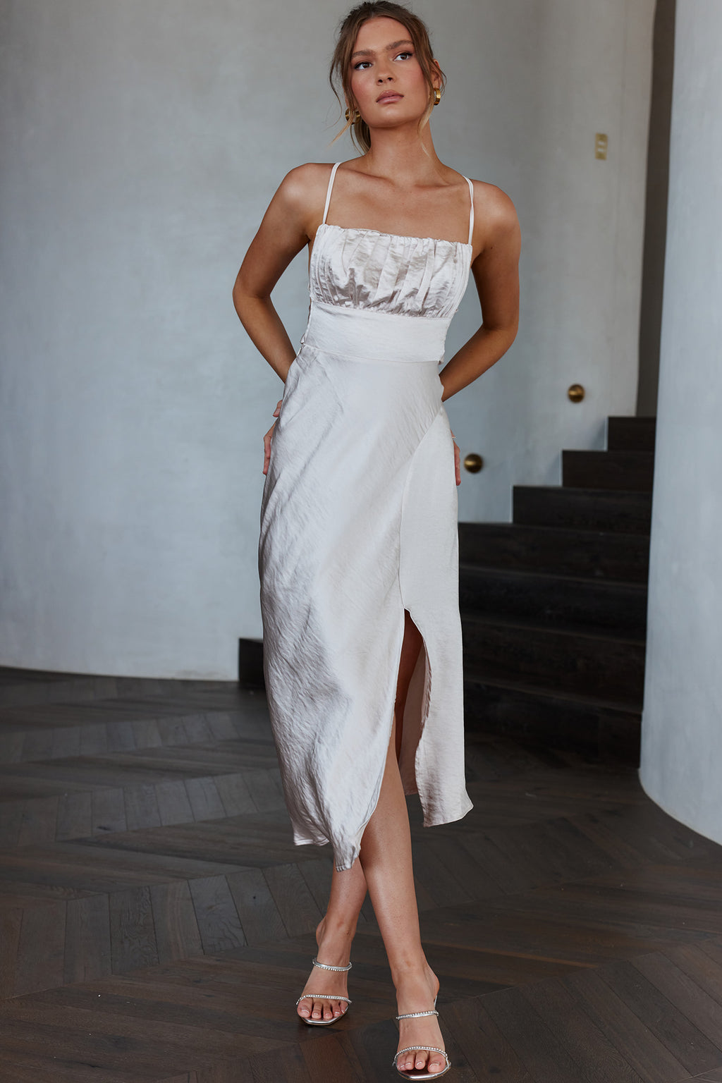 Lakoda Gathered Bust Bow Tie Back Midi Dress Champagne by Selfie Leslie