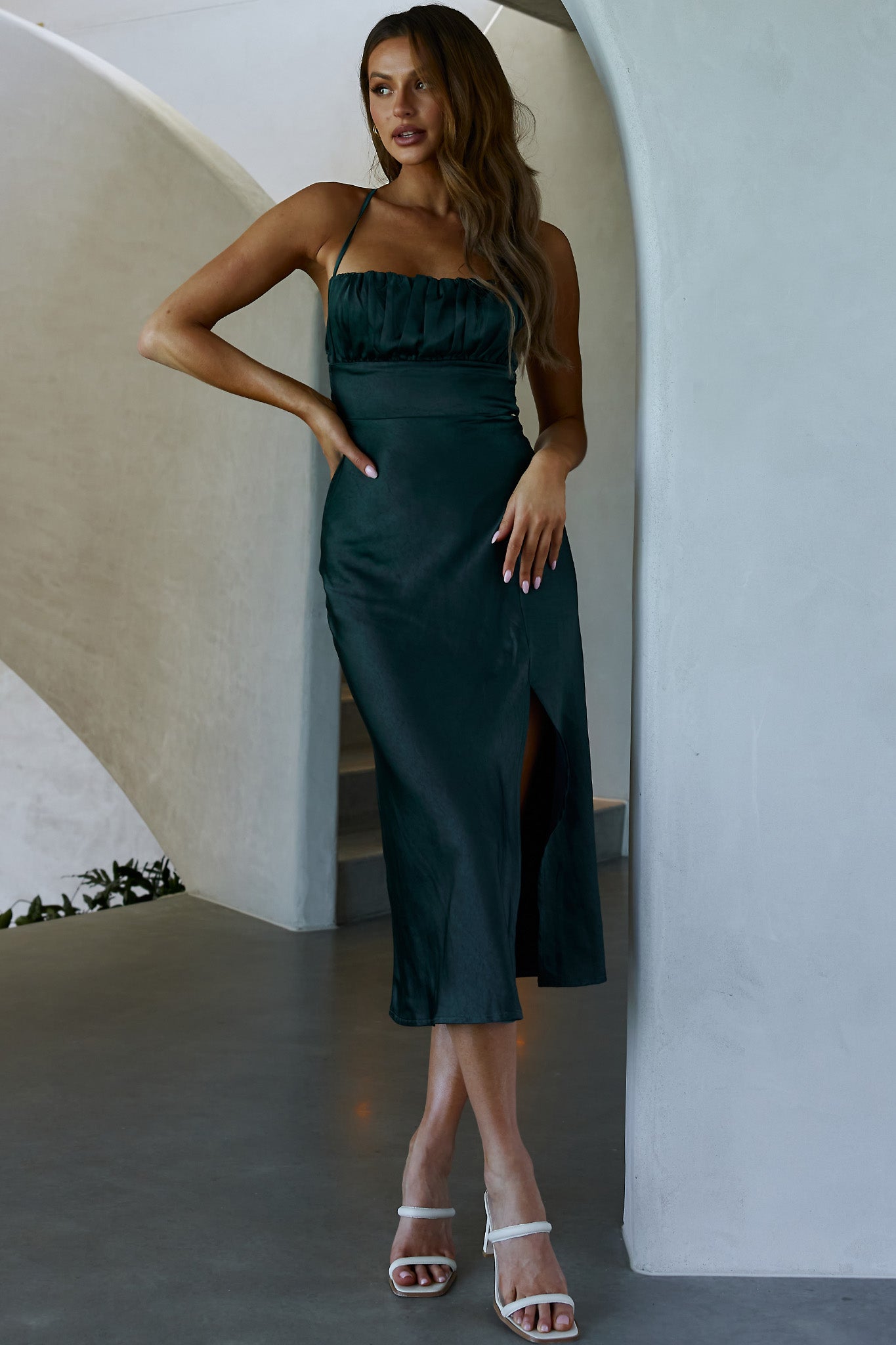 Lakoda Gathered Bust Bow Tie Back Midi Dress Forest Green by Selfie Leslie