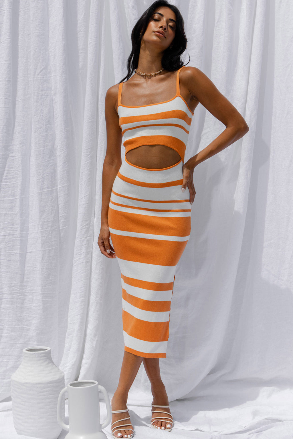 Dayana Cut-Out Waist Side Split Knit Midi Dress Striped Orange by Selfie Leslie