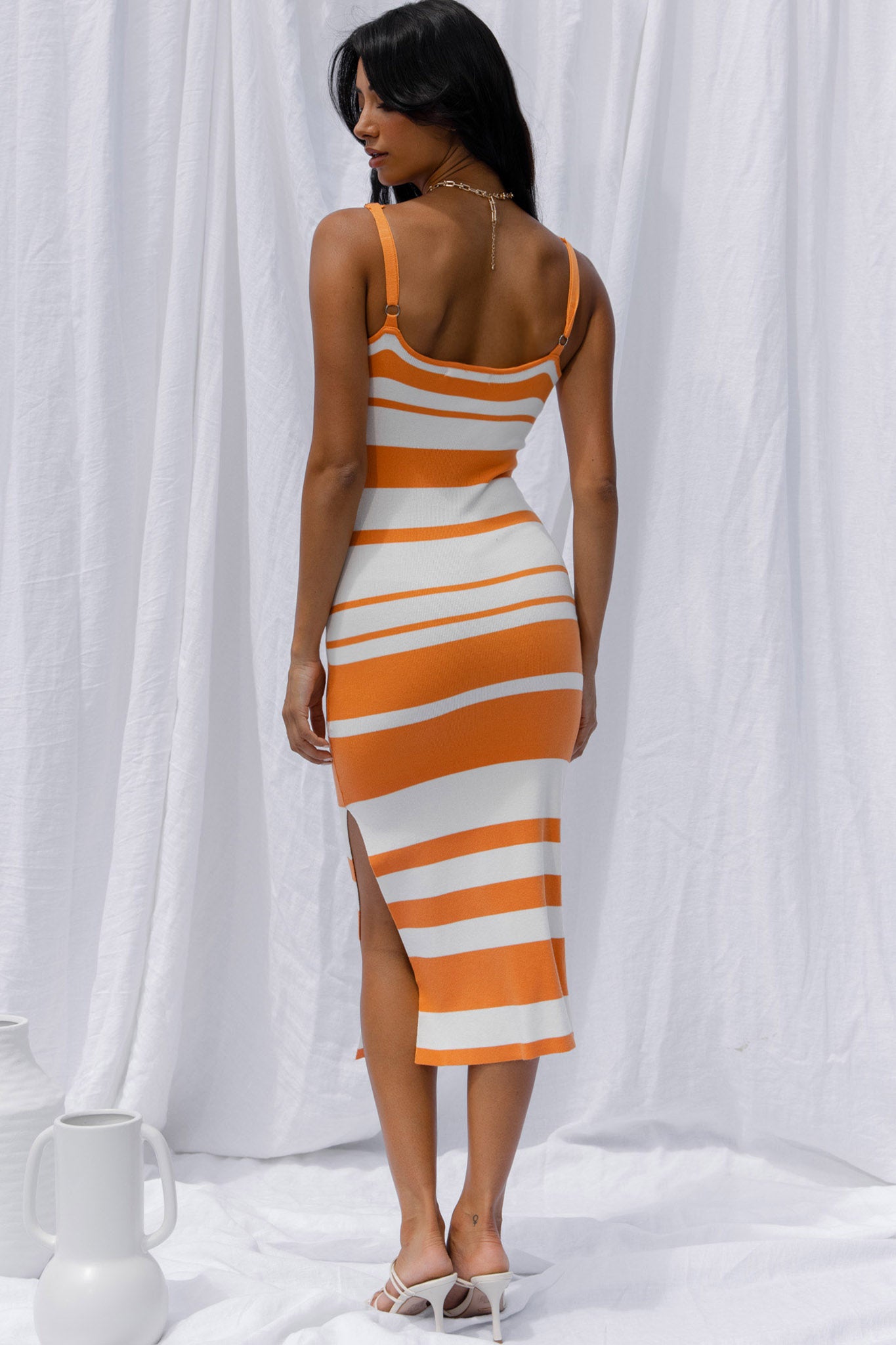 Sweepstakes Ribbed Knit Cut-Out Bodice Side Split Midi Dress Striped Olive