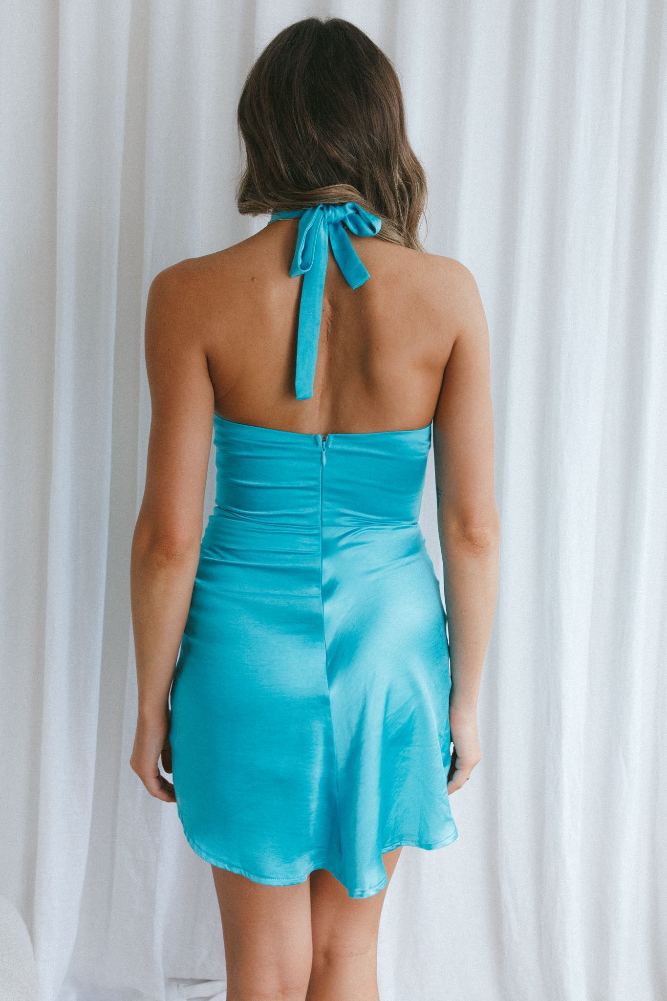 Hearts On Fire Halterneck Wrap Front Mini Dress Teal by Selfie Leslie