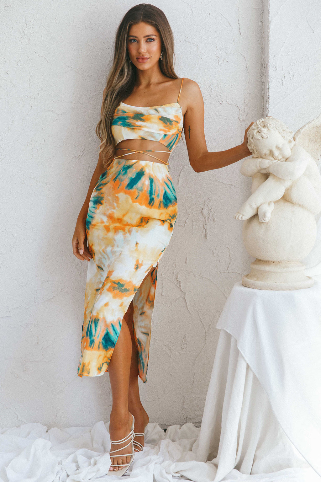 Crazy In Love Cowl Neck Cut-Out Waist Midi Dress Tie-Dye Yellow by Selfie Leslie