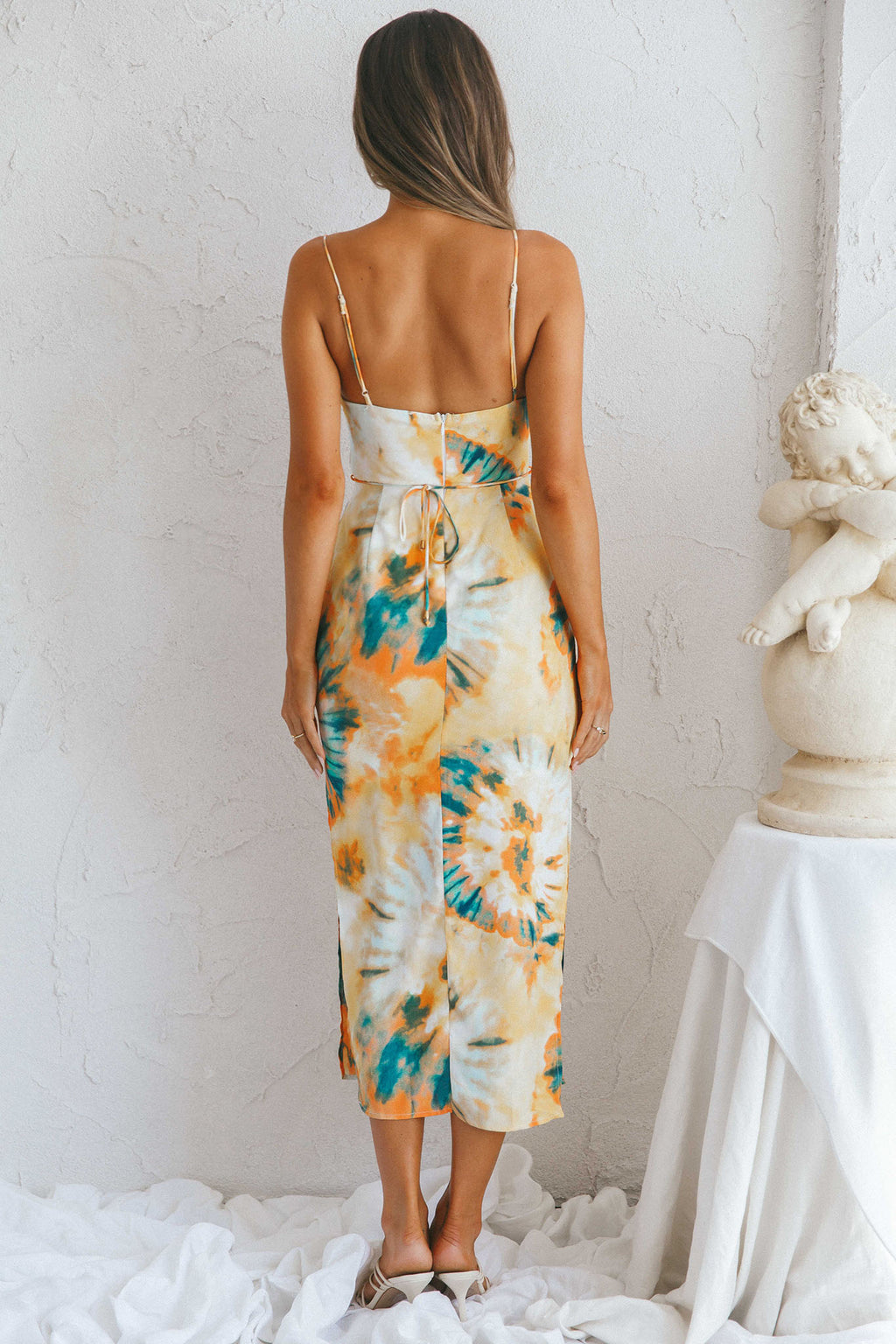 Crazy In Love Cowl Neck Cut-Out Waist Midi Dress Tie-Dye Yellow by Selfie Leslie